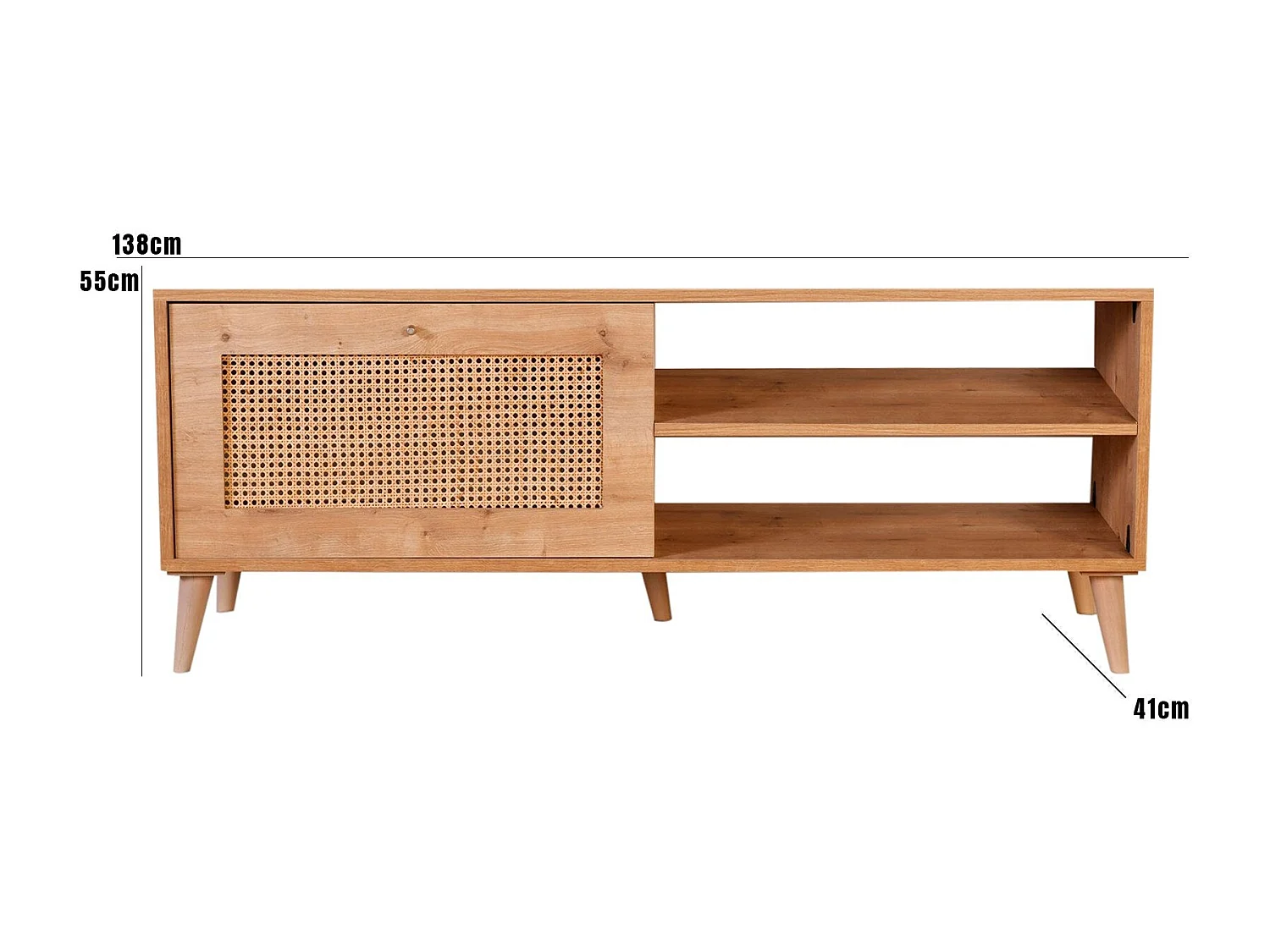 Eleganter TV-Ständer aus Eiche, 138 x 55 x 41 cm | 100 % melaminbeschichtete Spanplatte, Beine aus Weißbuche (15 cm) | Perfekt für moderne Wohnzimmer