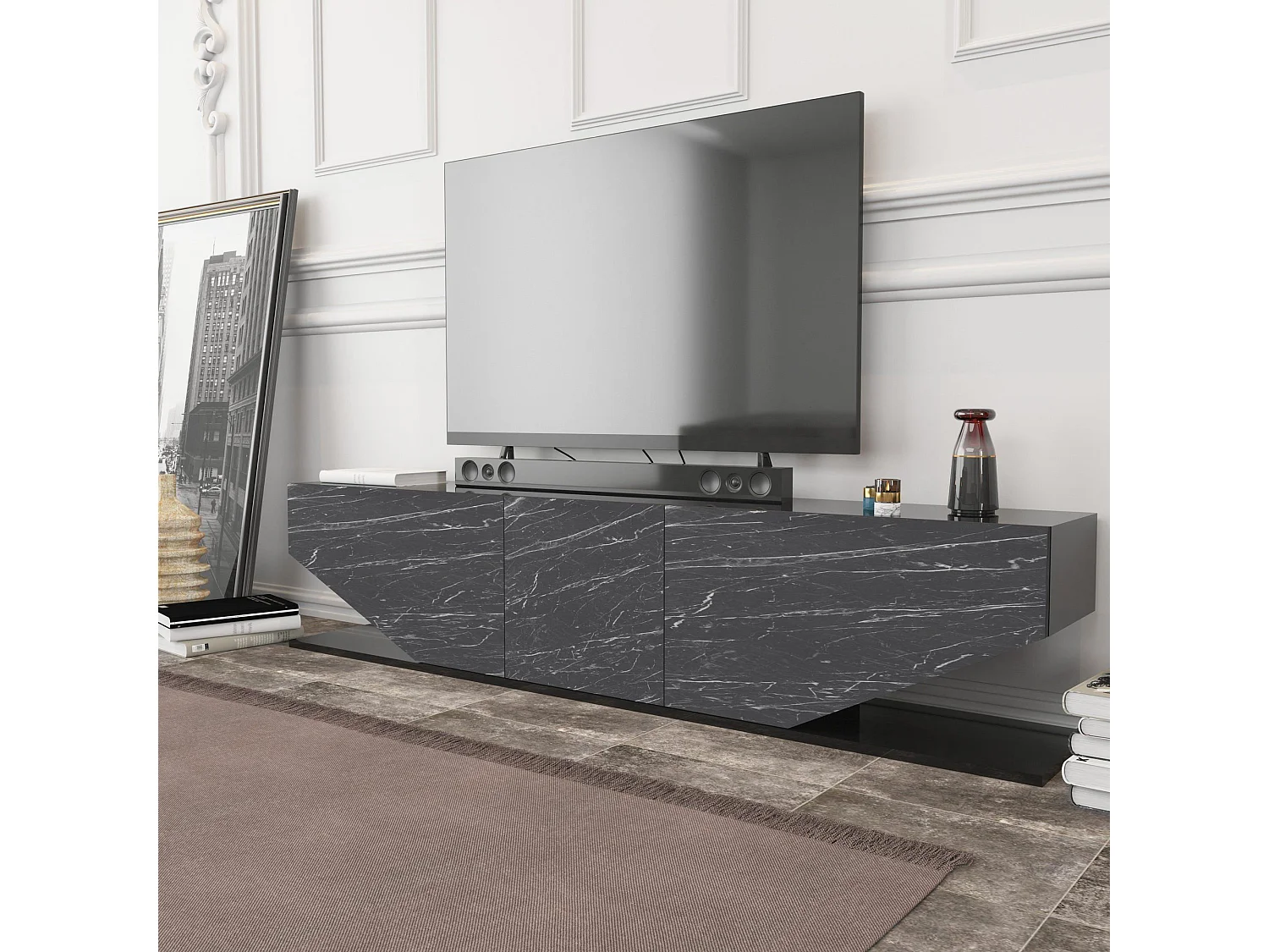 Mueble de TV moderno en antracita, 180 cm x 30 cm x 45 cm | Tablero de partículas 100% melaminizado, 18 mm de grosor | Diseño elegante para salones contemporáneos