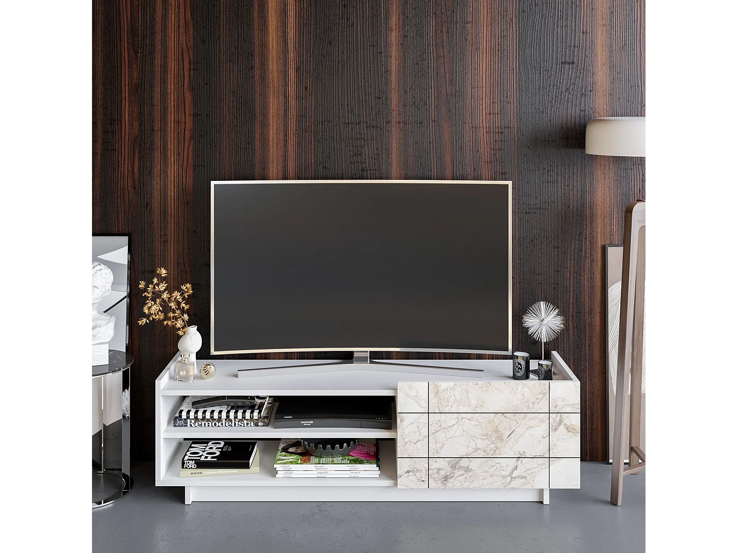 Moderner TV-Ständer – 140 cm – Weiß – Melaminbeschichtete Spanplatte