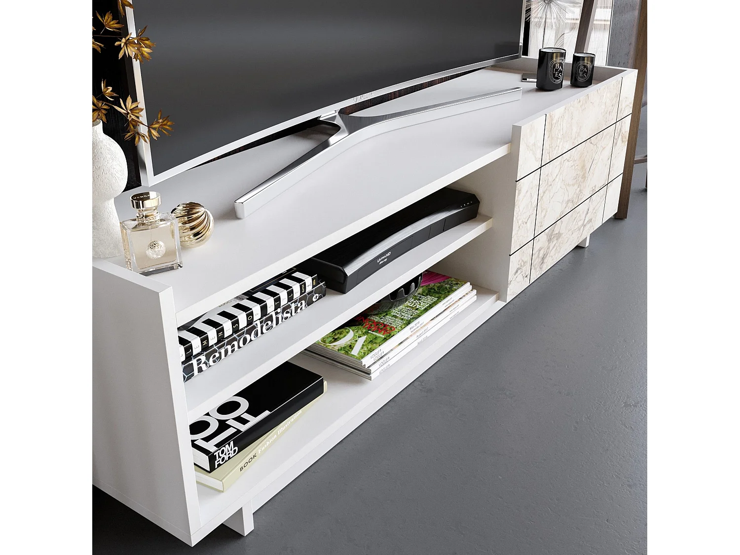 Moderner TV-Ständer – 140 cm – Weiß – Melaminbeschichtete Spanplatte