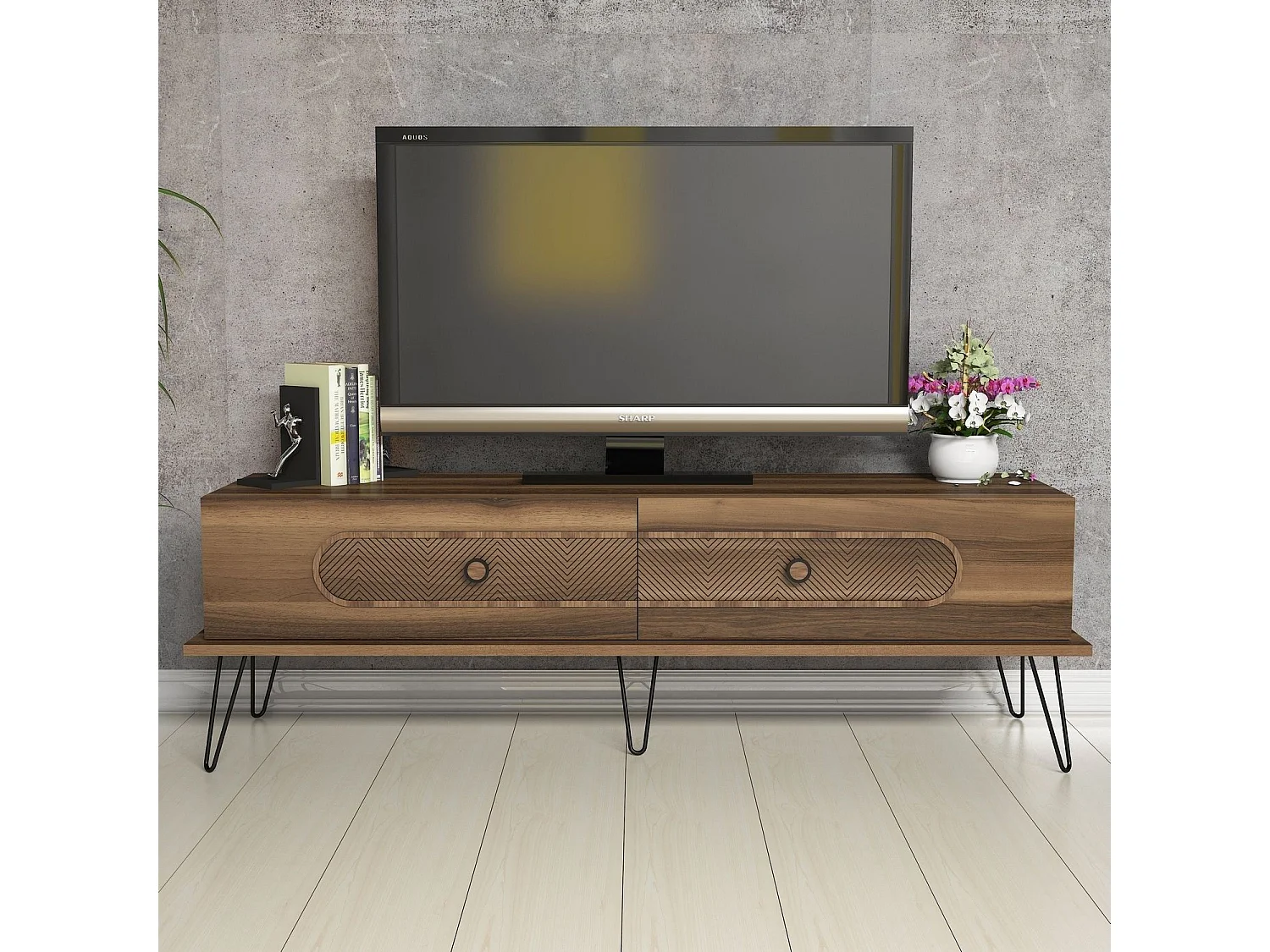 Moderner TV-Ständer – 145 x 45 x 40 cm – Walnussfarbe – 100 % Melamin