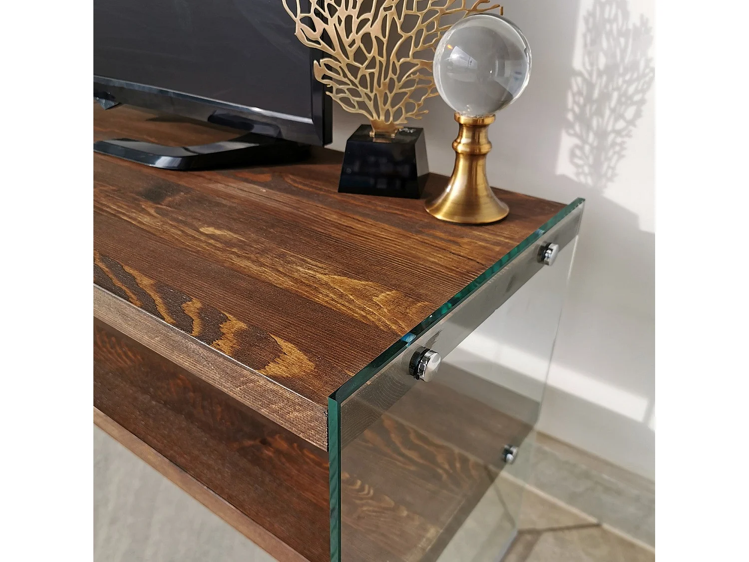 Meuble TV 2 tablettes Doris L120cm Bois massif et Verre trempé Transparent