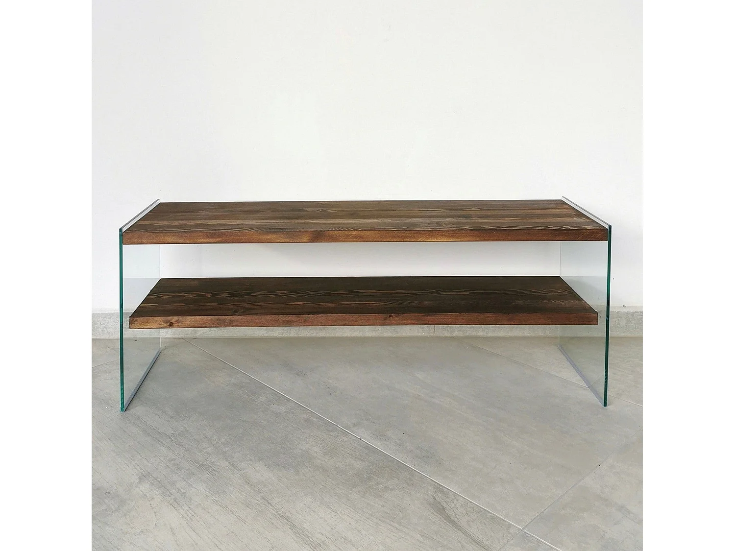 Meuble TV 2 tablettes Doris L120cm Bois massif et Verre trempé Transparent