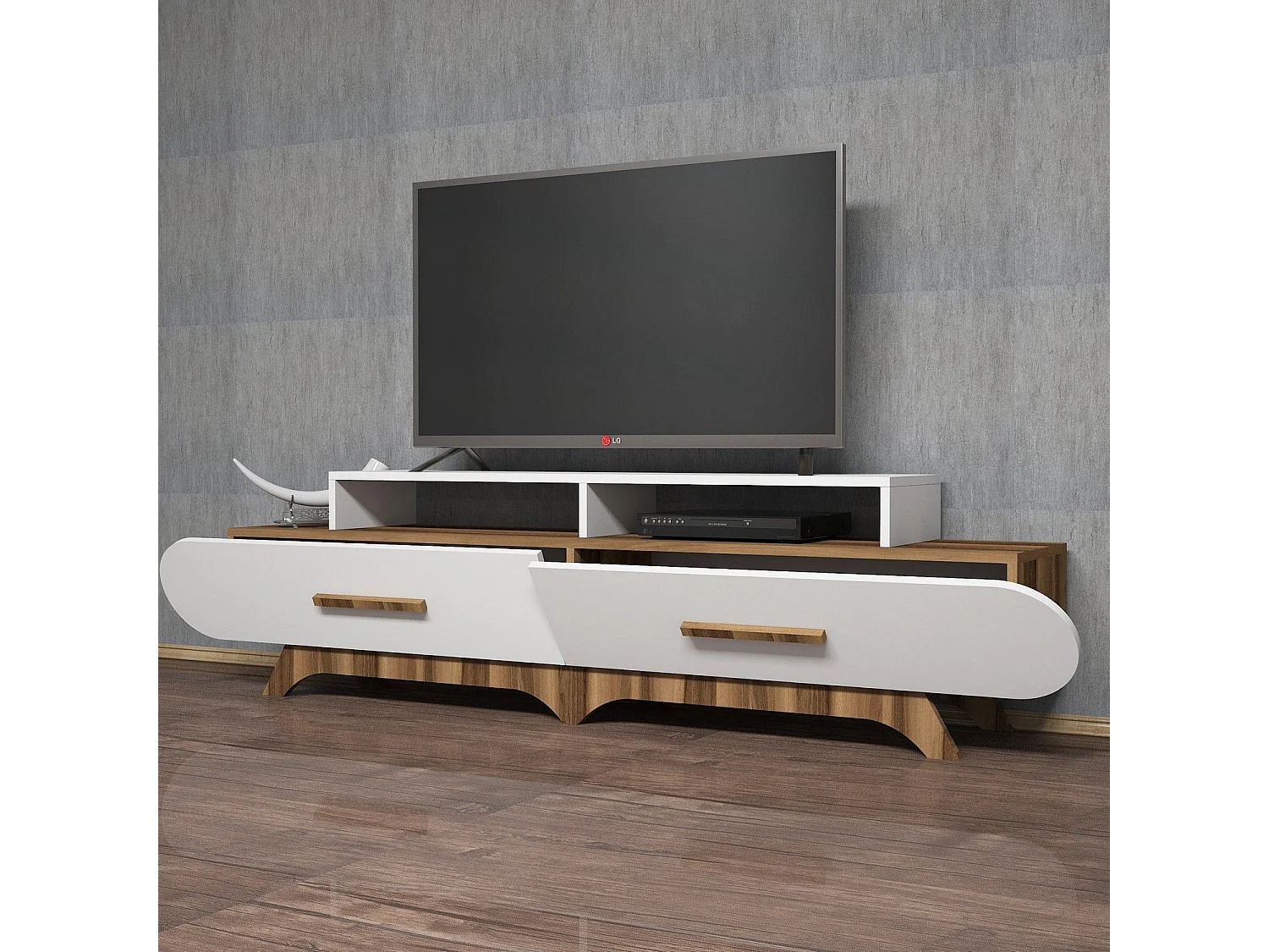 Mobile TV moderno – 205 x 50 x 36,8 cm – Noce e Bianco – Melamina