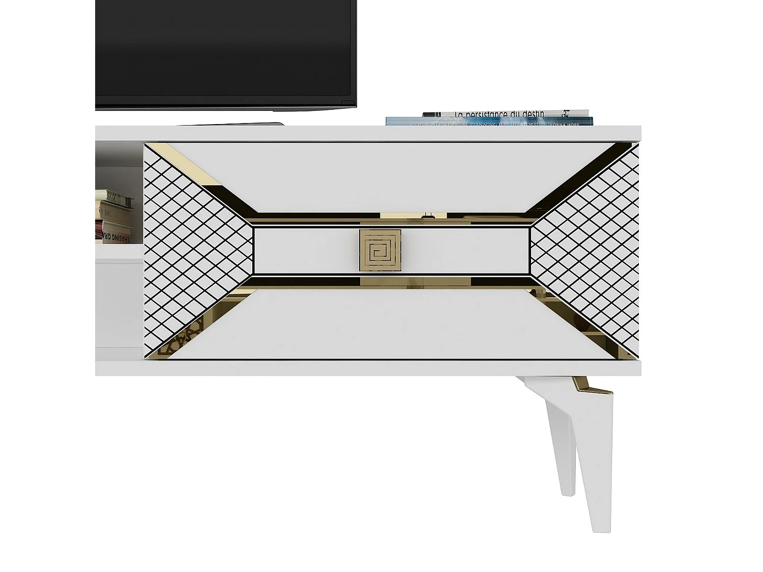Mesa de tv Kailua 1862, Dorado|Blanco, 150x50x30cm