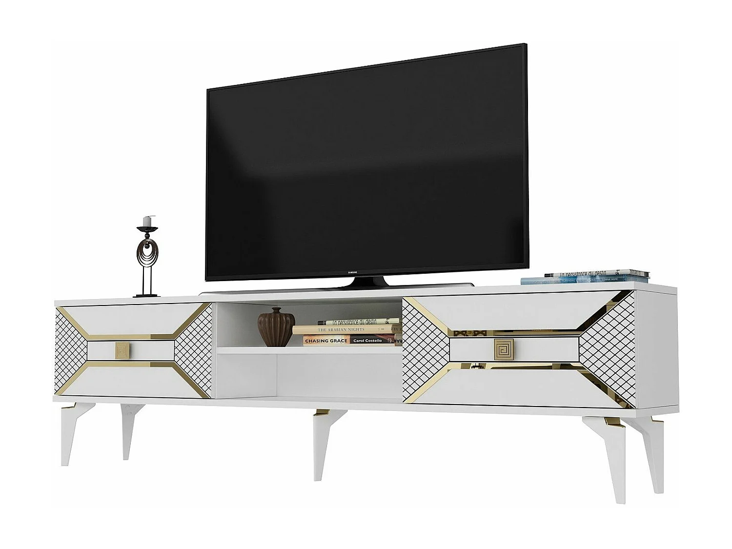 Mesa de tv Kailua 1862, Dorado|Blanco, 150x50x30cm