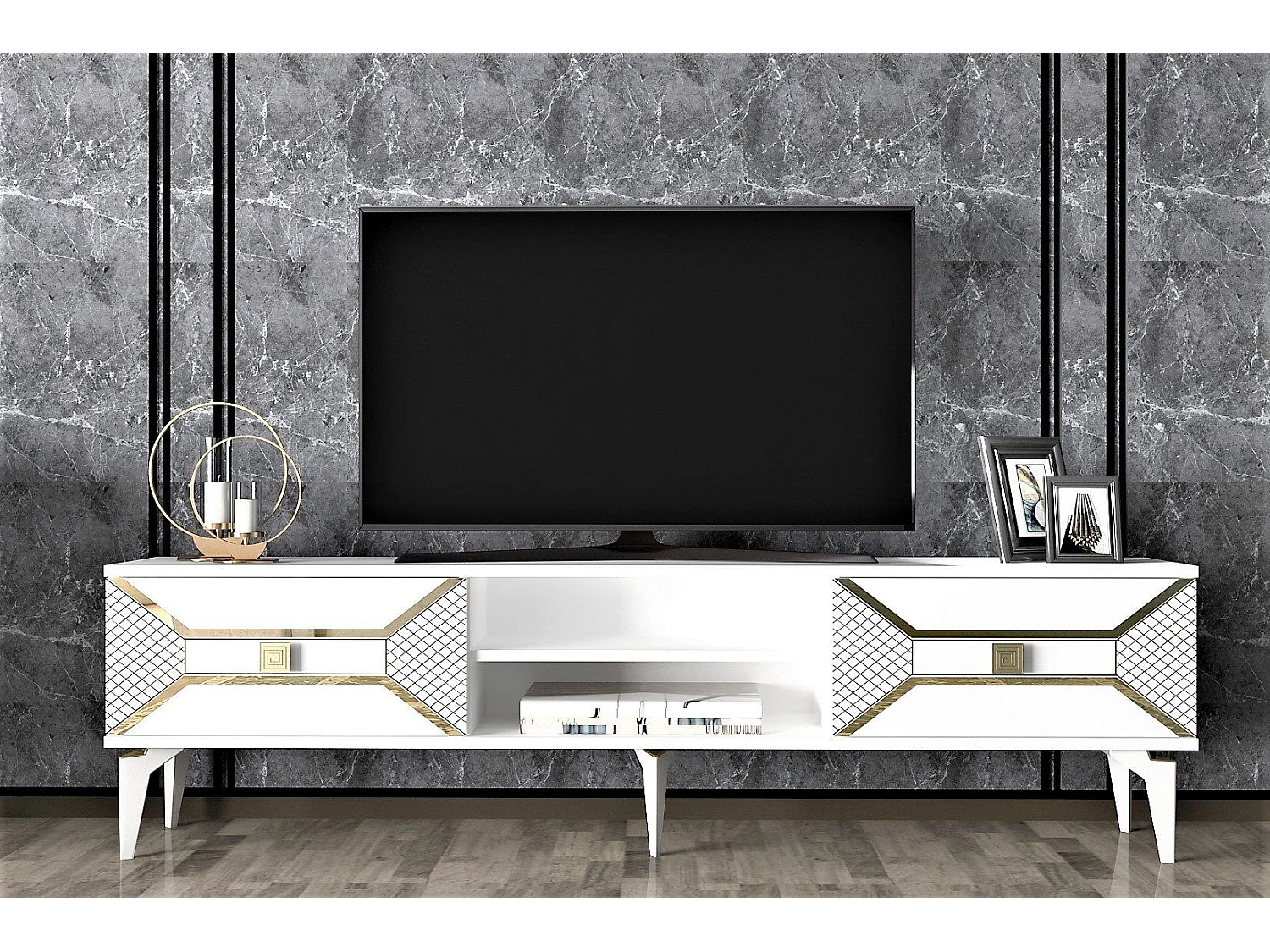 TV-Ständer – 150 cm x 50 cm x 30 cm – Weiß und Gold – Spanplatte