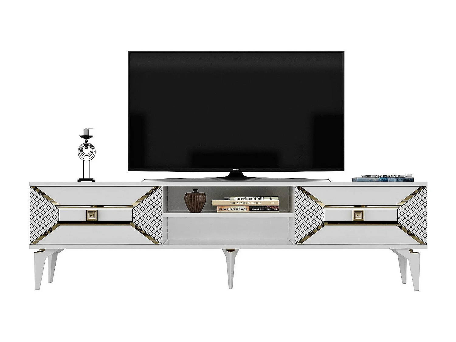 TV-Ständer – 150 cm x 50 cm x 30 cm – Weiß und Gold – Spanplatte