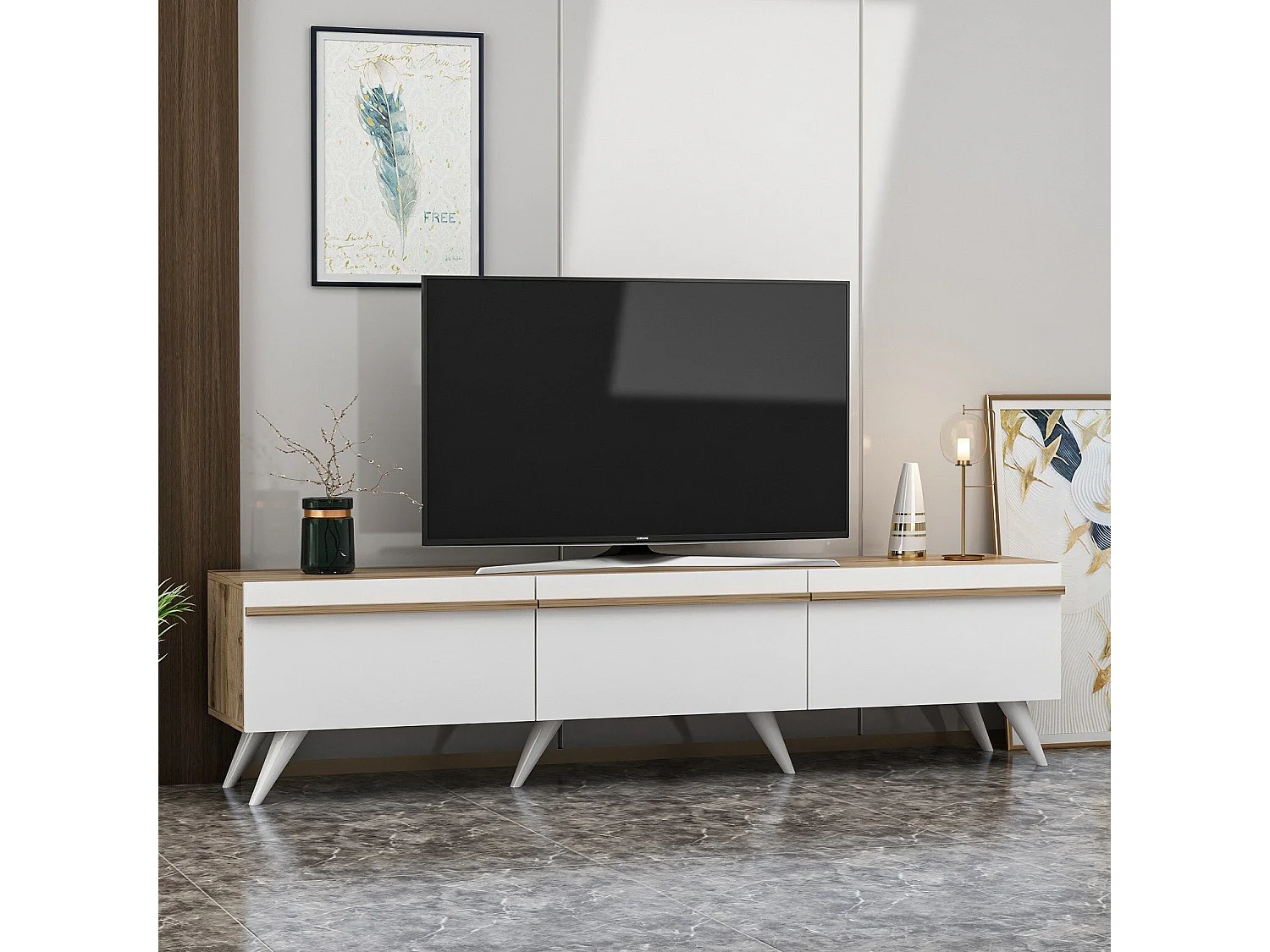Mesa de tv Kailua 952, Roble|Blanco, Número de puertas: 3.00, 180x42x35cm