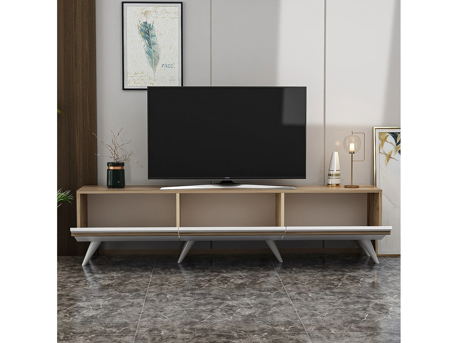 Mesa de tv Kailua 952, Roble|Blanco, Número de puertas: 3.00, 180x42x35cm