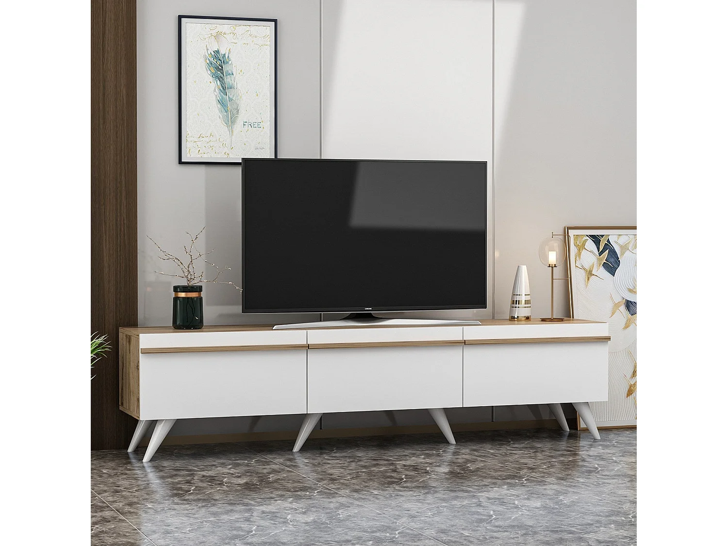 Mesa de tv Kailua 952, Roble|Blanco, Número de puertas: 3.00, 180x42x35cm