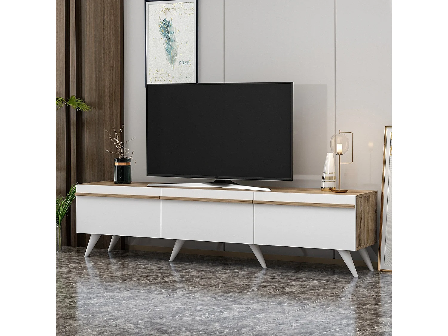 Mesa de tv Kailua 952, Roble|Blanco, Número de puertas: 3.00, 180x42x35cm