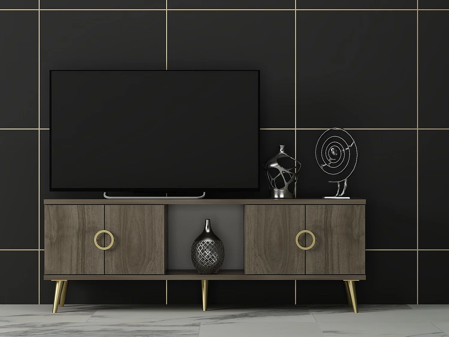 Mesa de tv Kailua 1961, Nogal|Dorado, 120x45x30cm