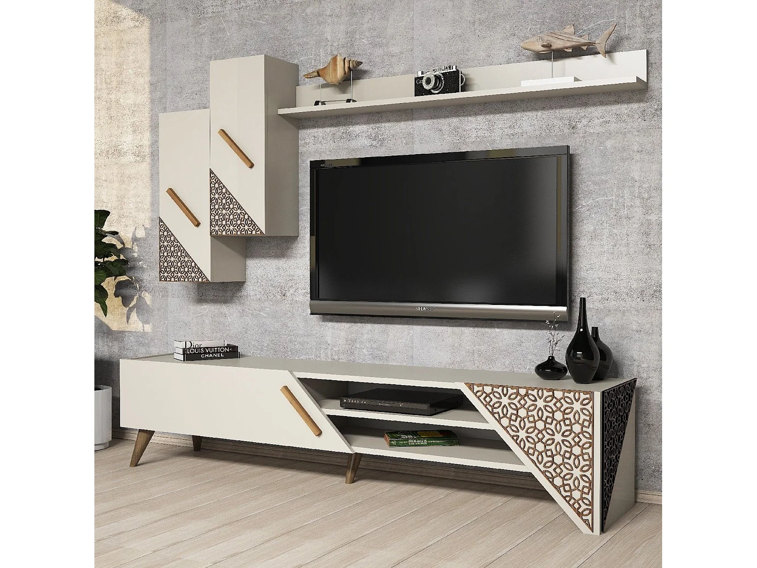 Conjunto de salón Kailua 1564, Crema, Partes separadas|Con mesa de TV, 180x37cm