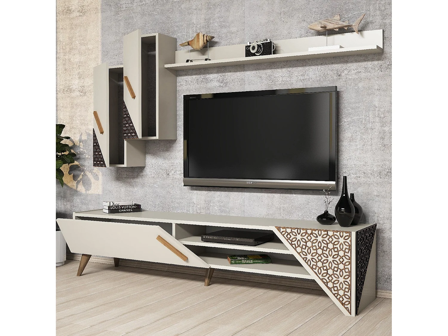 Conjunto de salón Kailua 1564, Crema, Partes separadas|Con mesa de TV, 180x37cm