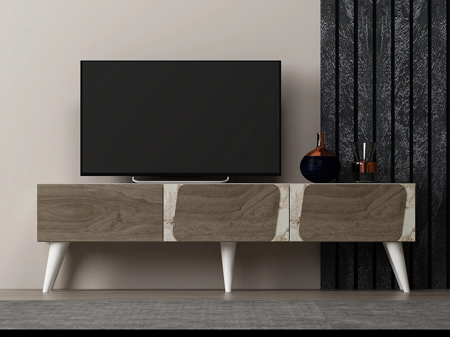 Mueble de TV – 150 cm x 30 cm x 43 cm – Mármol y Nogal – MDF