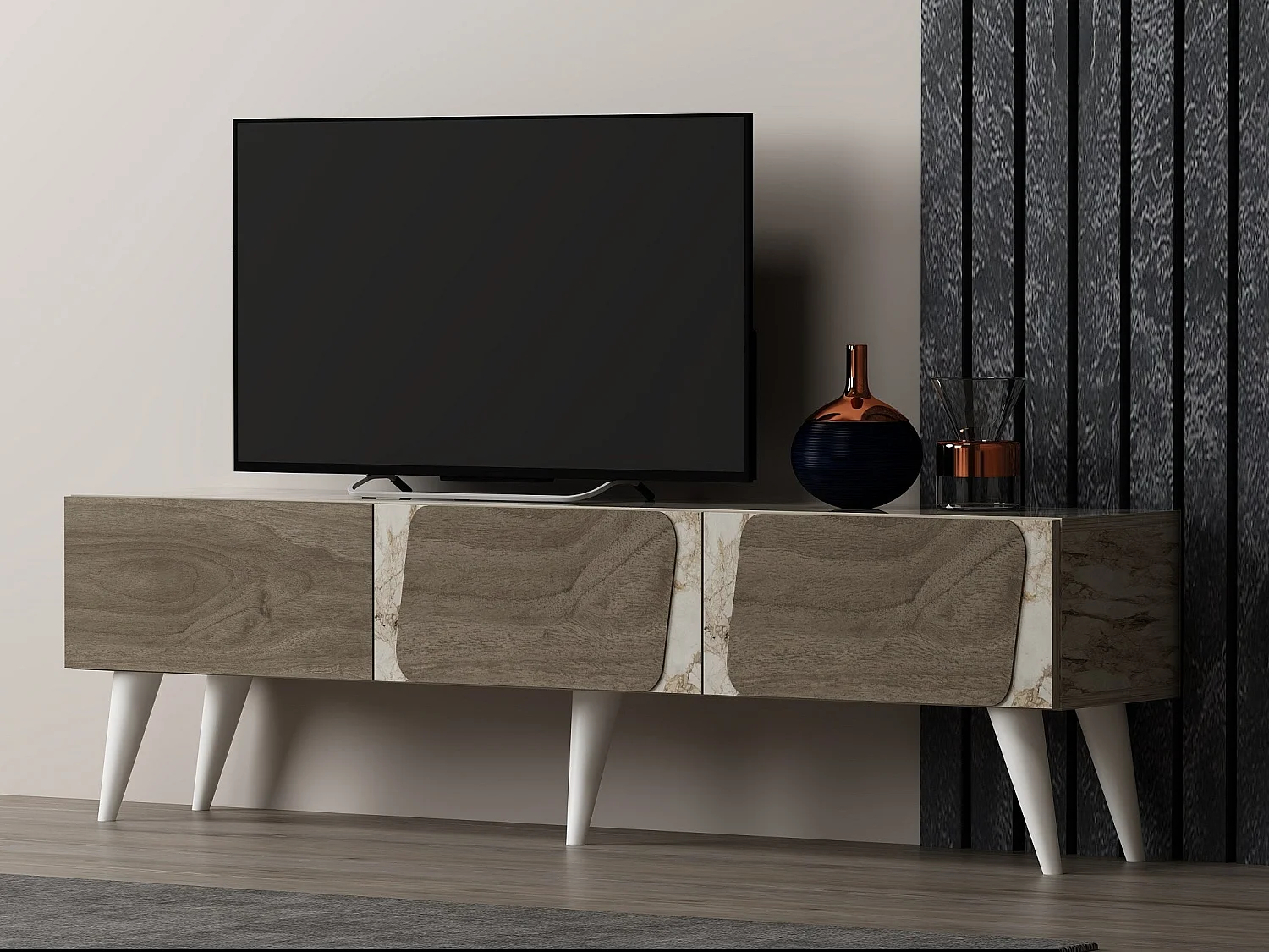 Mueble de TV – 150 cm x 30 cm x 43 cm – Mármol y Nogal – MDF