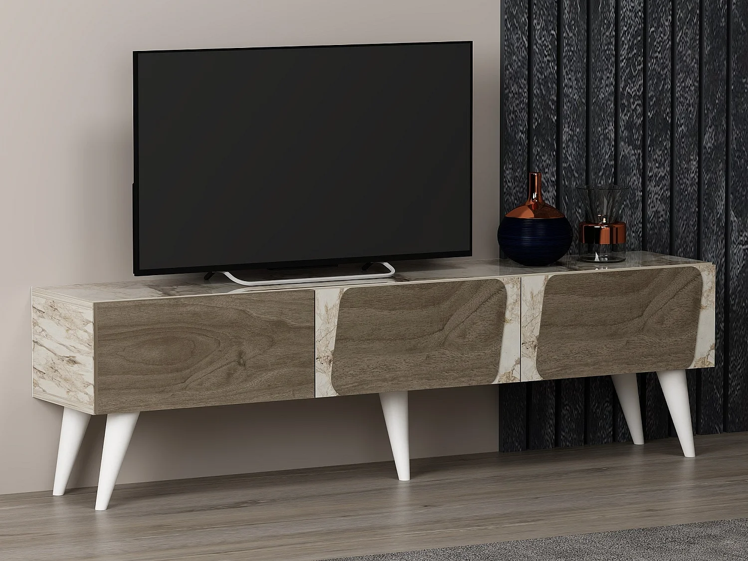 Mueble de TV – 150 cm x 30 cm x 43 cm – Mármol y Nogal – MDF