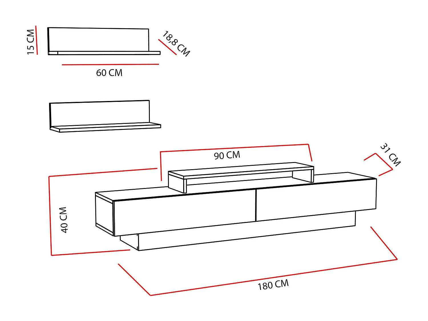 Móvel de TV moderno – 180 cm – Branco e Córdoba – Painel de partículas