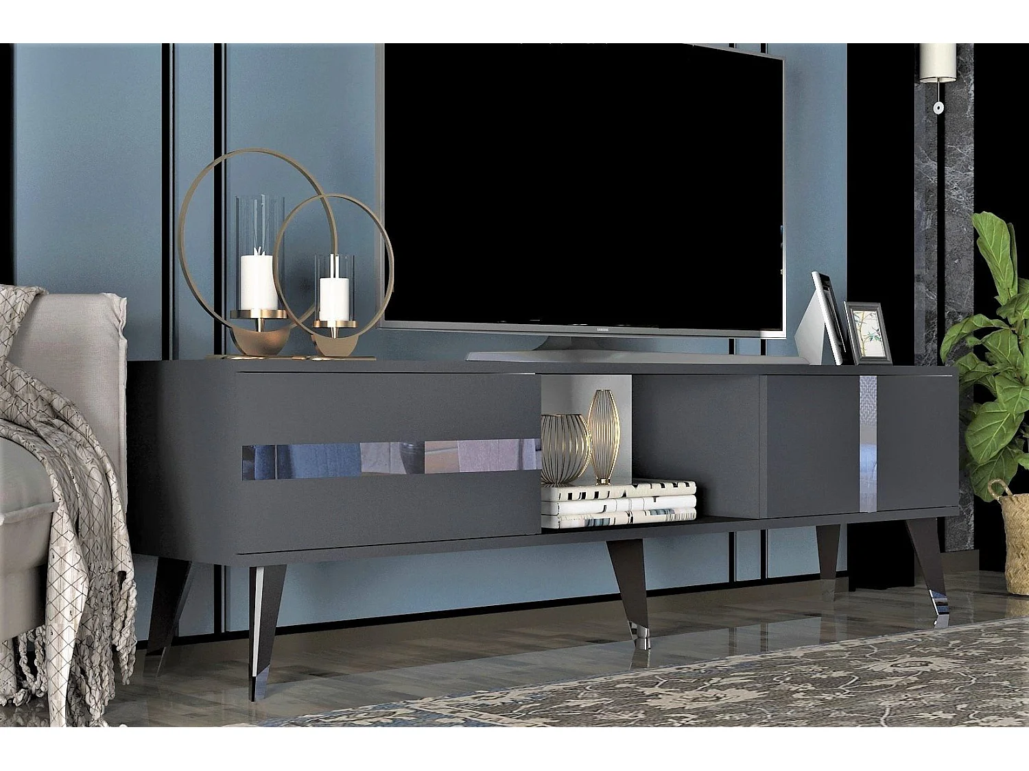 Mesa de tv Kailua 1871, Plata|Antracita, 150x50x30cm