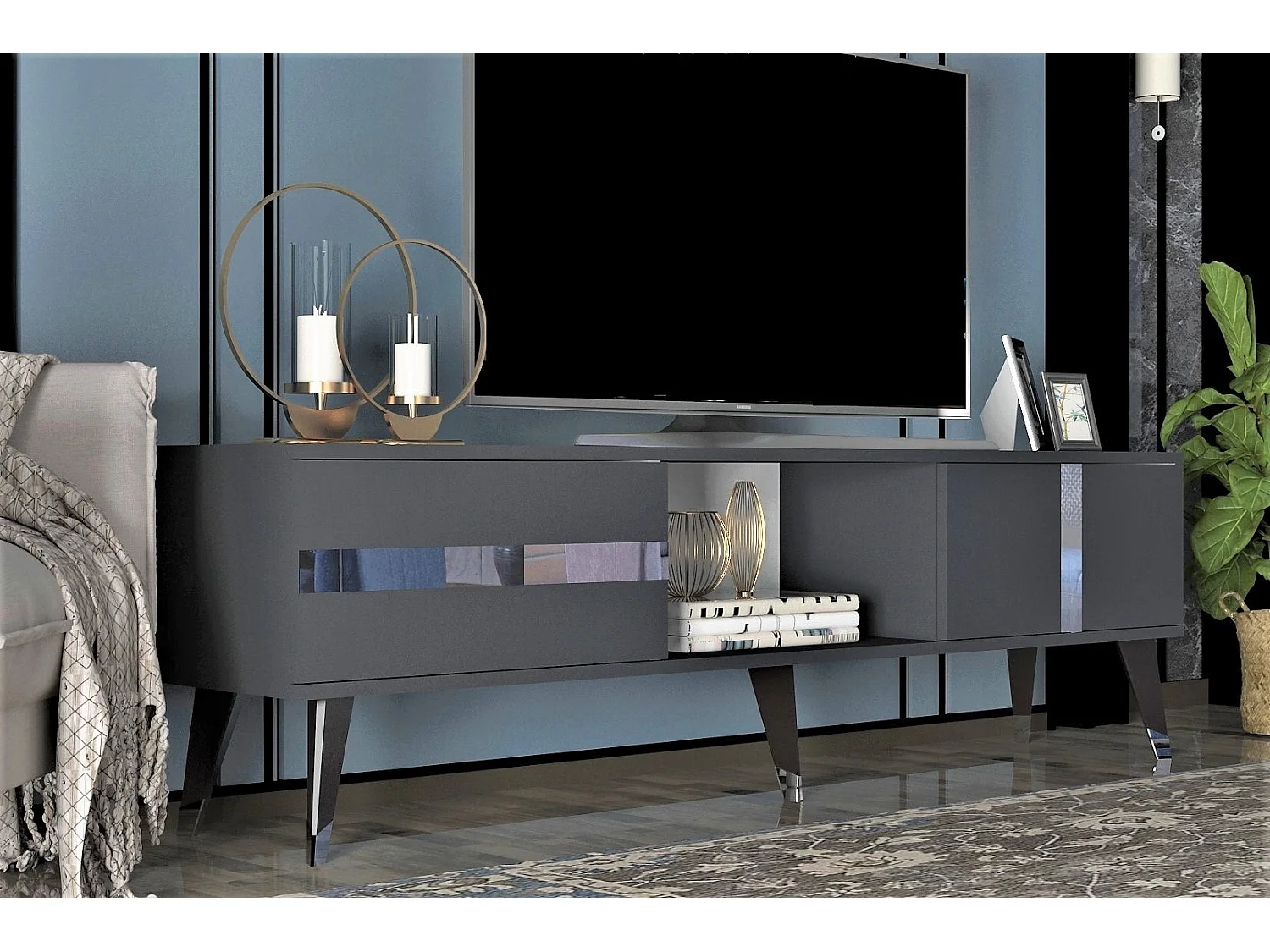 Mesa de tv Kailua 1871, Plata|Antracita, 150x50x30cm