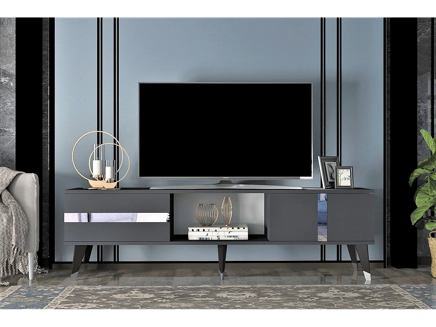 TV-meubel – 150 cm x 29,6 cm x 50 cm – Antraciet en zilver – Spaanplaat