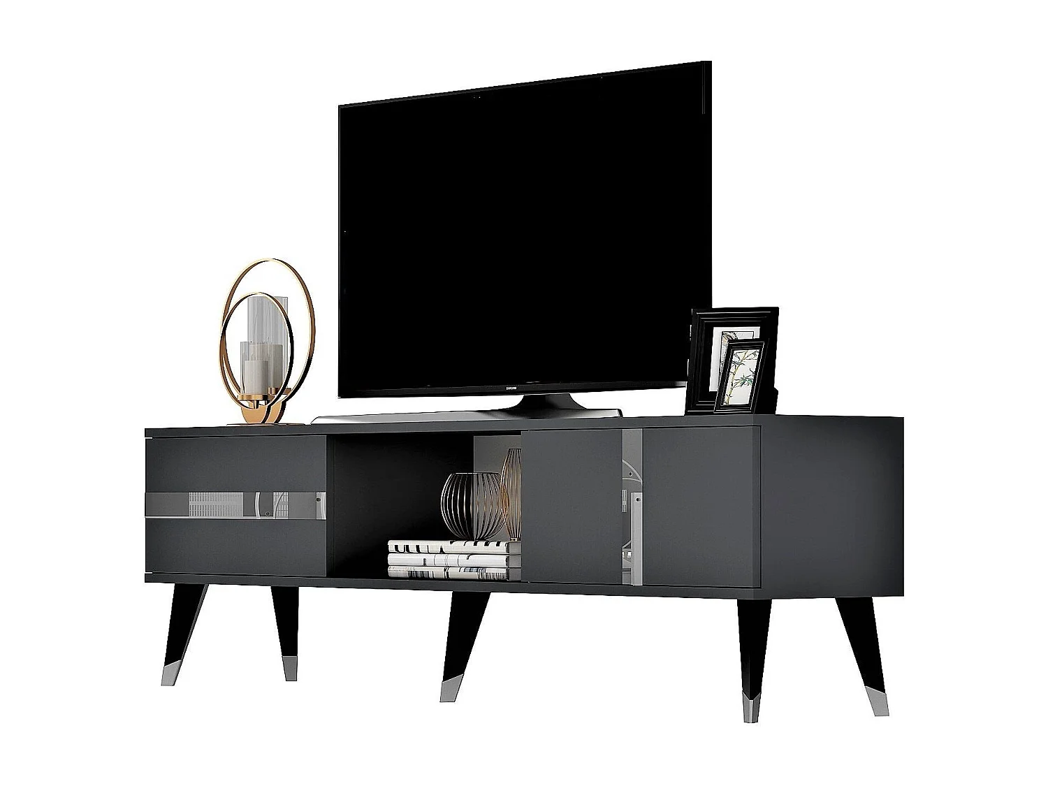 TV-meubel – 150 cm x 29,6 cm x 50 cm – Antraciet en zilver – Spaanplaat