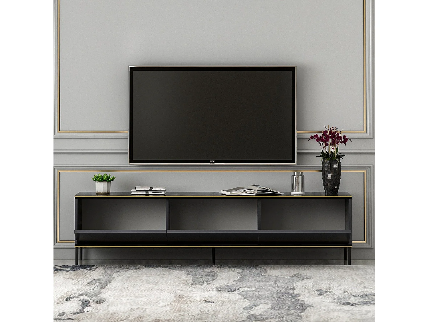 Mesa de tv Kailua 1711, Antracita|Mármol negro, 180x45x35cm