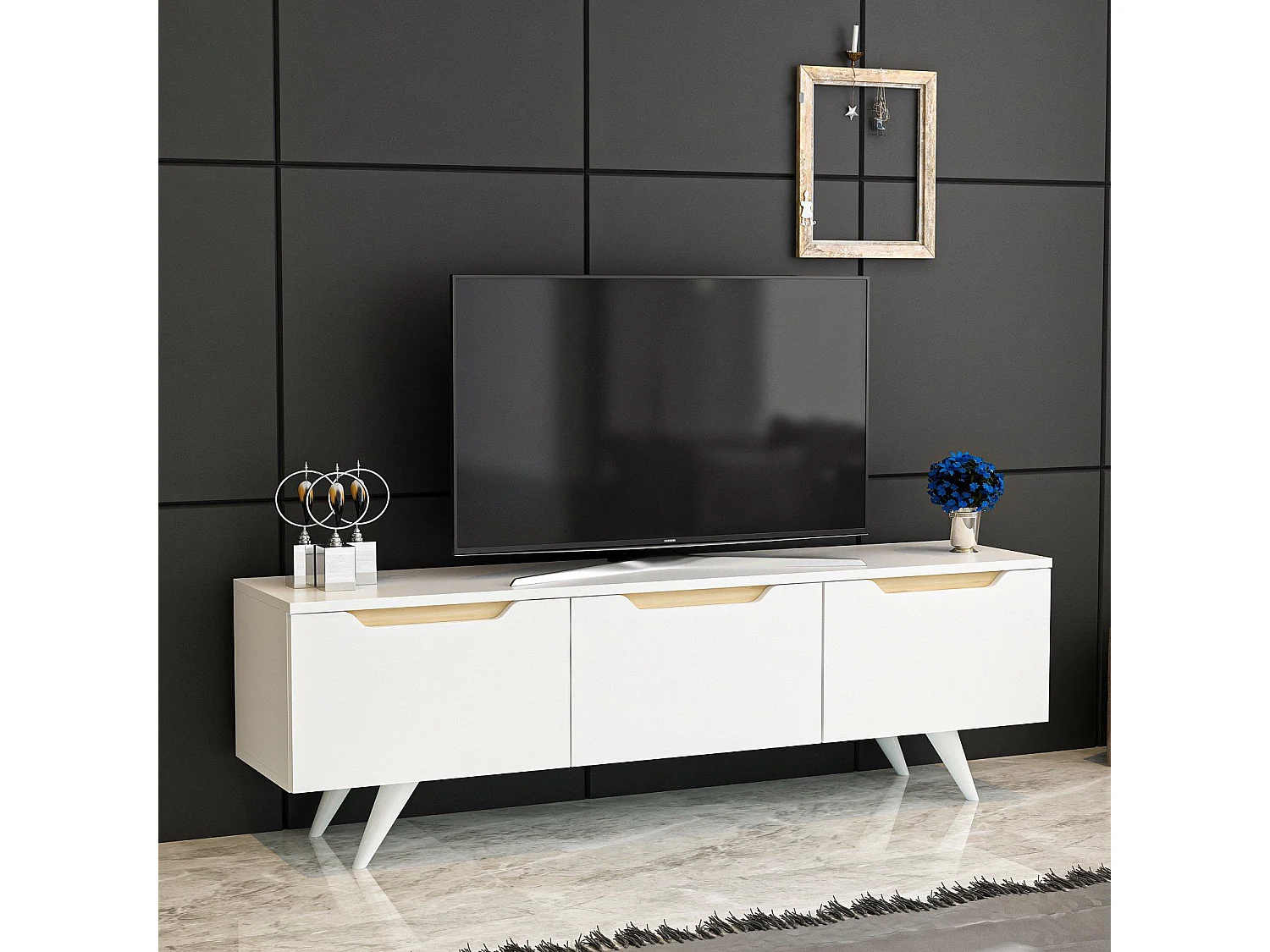 Mesa de tv Kailua 947, Roble|Blanco, Número de puertas: 3.00, 150x44x35cm