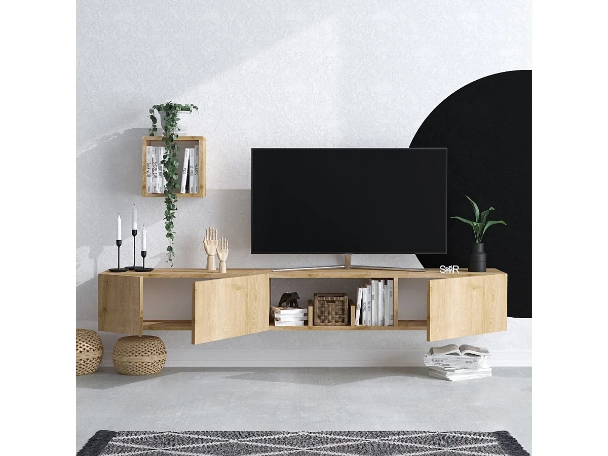 Meuble TV suspendu 1 niche 3 portes et 1 étagère murale décor chêne saphir L180 cm - Avior