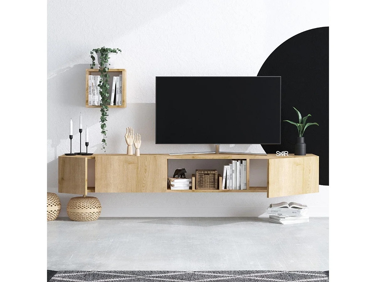 Meuble TV suspendu 1 niche 3 portes et 1 étagère murale décor chêne saphir L180 cm - Avior