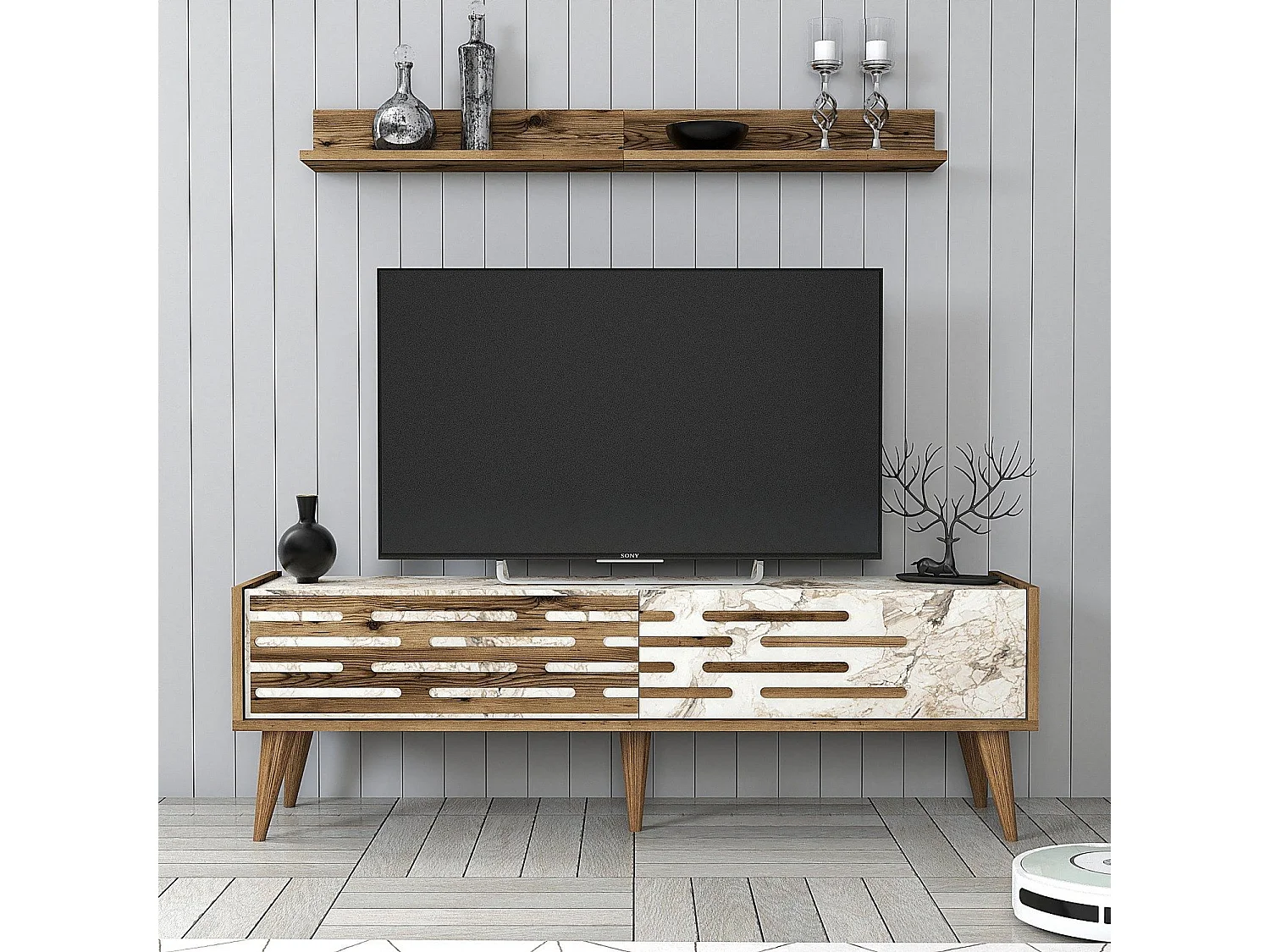Móvel de TV – 140 cm x 35 cm – Nogueira e Branco/Mármore – 100% painel de partículas revestido a melamina