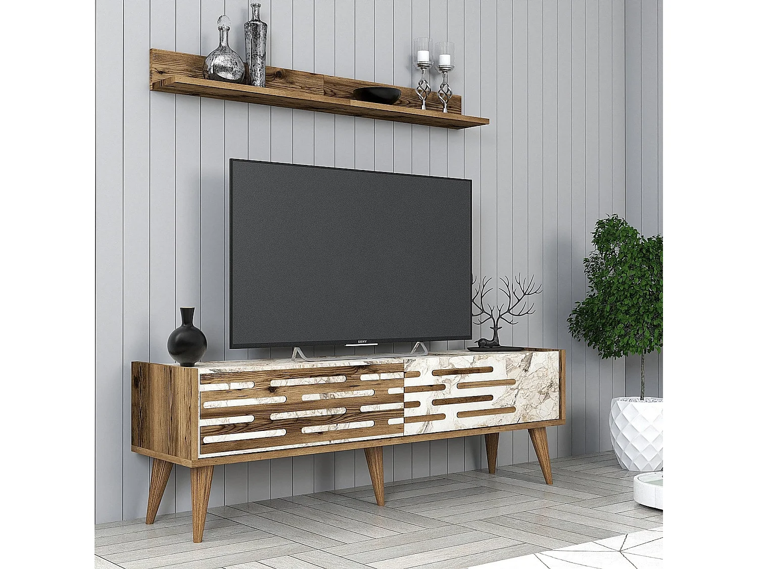 Móvel de TV – 140 cm x 35 cm – Nogueira e Branco/Mármore – 100% painel de partículas revestido a melamina