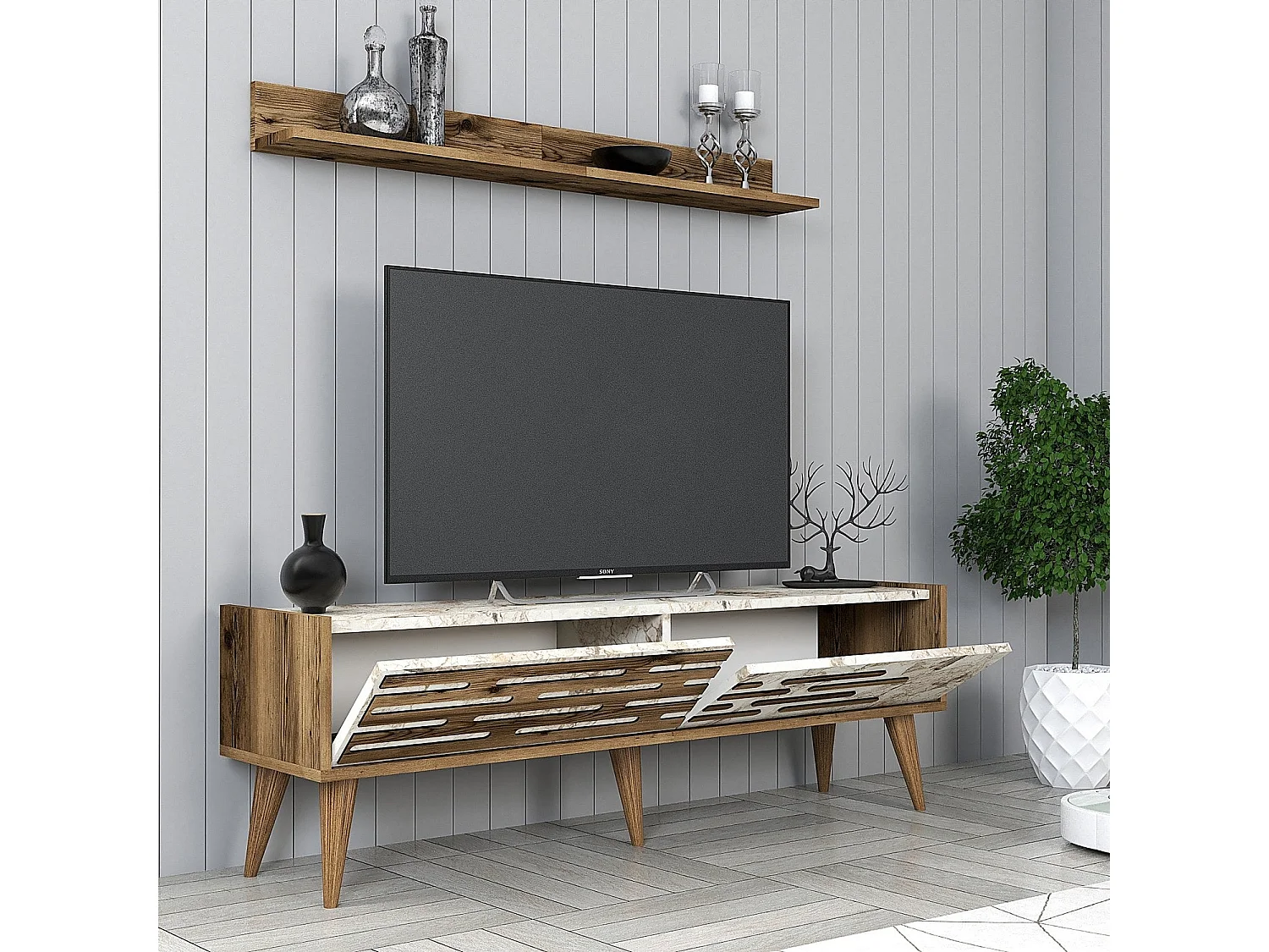 Móvel de TV – 140 cm x 35 cm – Nogueira e Branco/Mármore – 100% painel de partículas revestido a melamina