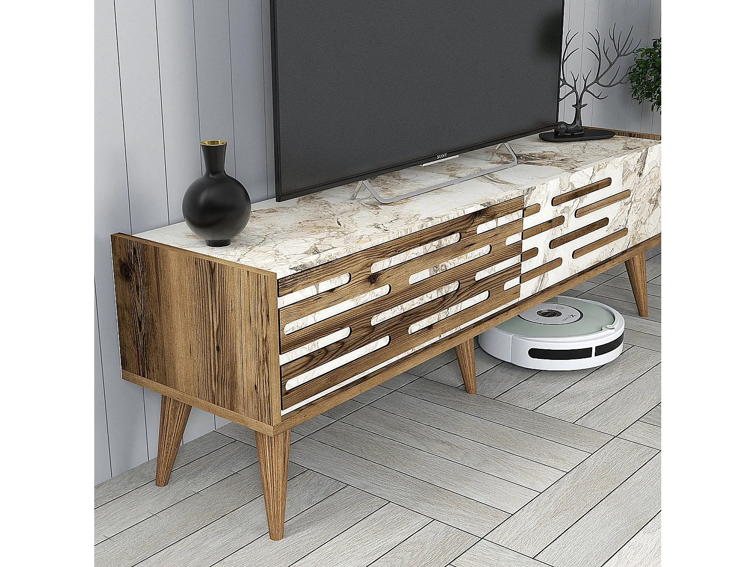 Móvel de TV – 140 cm x 35 cm – Nogueira e Branco/Mármore – 100% painel de partículas revestido a melamina