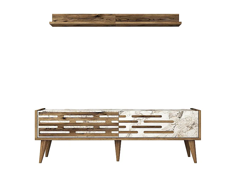 TV-Ständer – 140 cm x 35 cm – Walnuss und Weiß/Marmor – 100 % Spanplatte mit Melaminbeschichtung