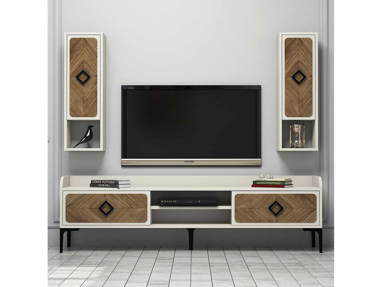 Mueble de TV moderno – 180 x 52 x 35 cm – Nogal y Crema – 100% melamina