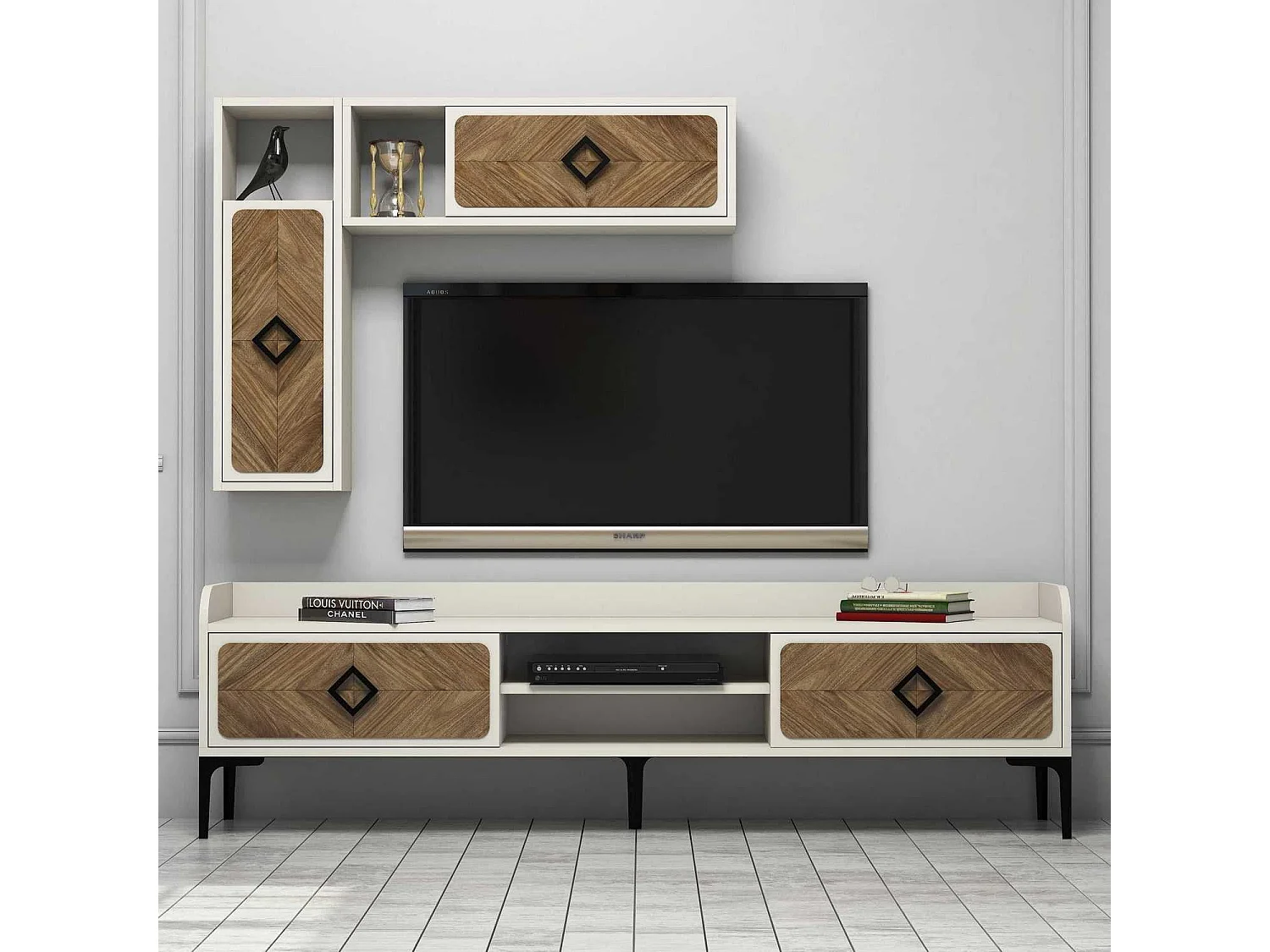 Mueble de TV moderno – 180 x 52 x 35 cm – Nogal y Crema – 100% melamina
