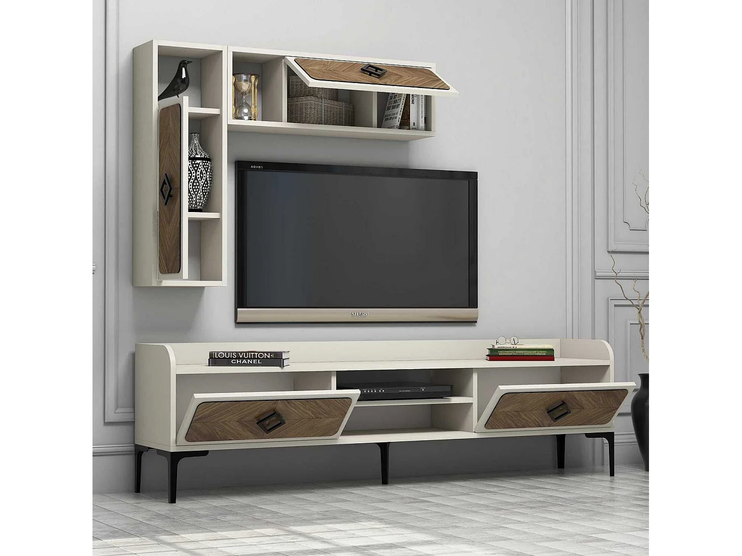 Mueble de TV moderno – 180 x 52 x 35 cm – Nogal y Crema – 100% melamina