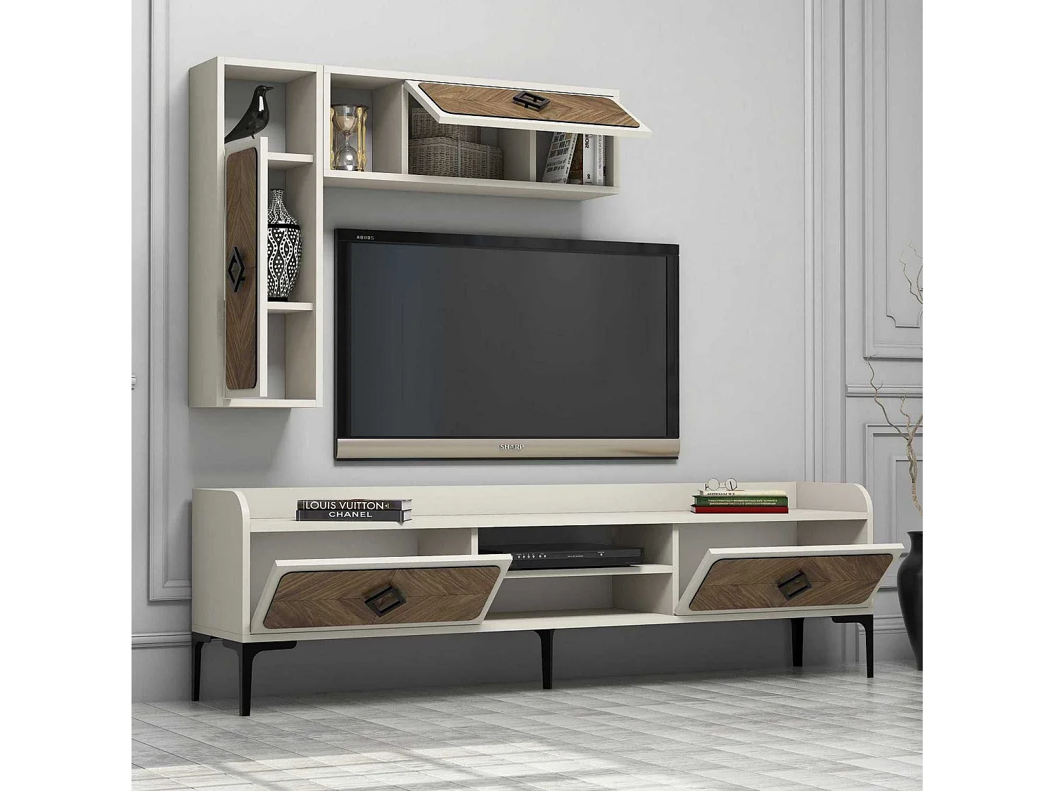 Mueble de TV moderno – 180 x 52 x 35 cm – Nogal y Crema – 100% melamina