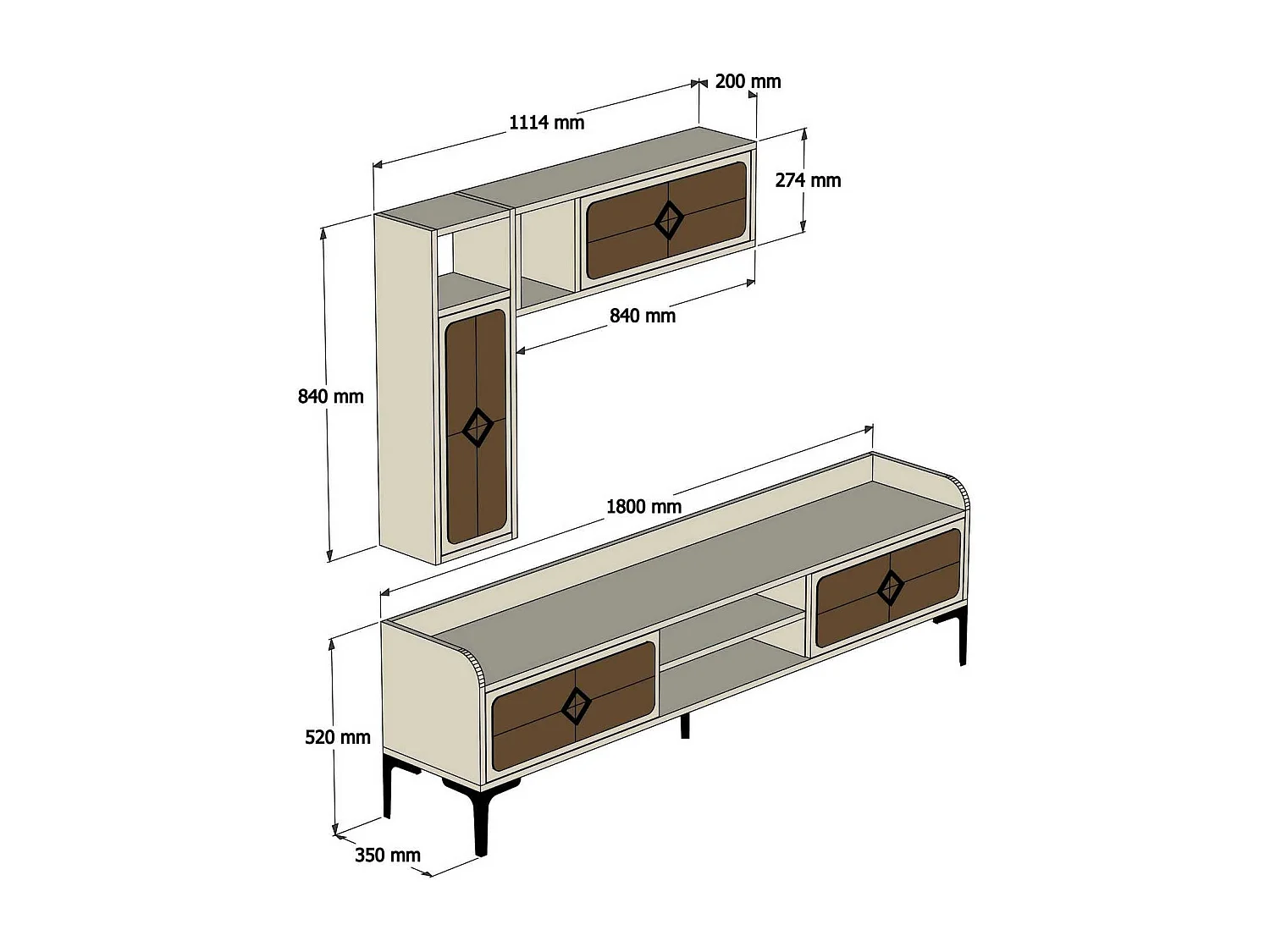 Mueble de TV moderno – 180 x 52 x 35 cm – Nogal y Crema – 100% melamina