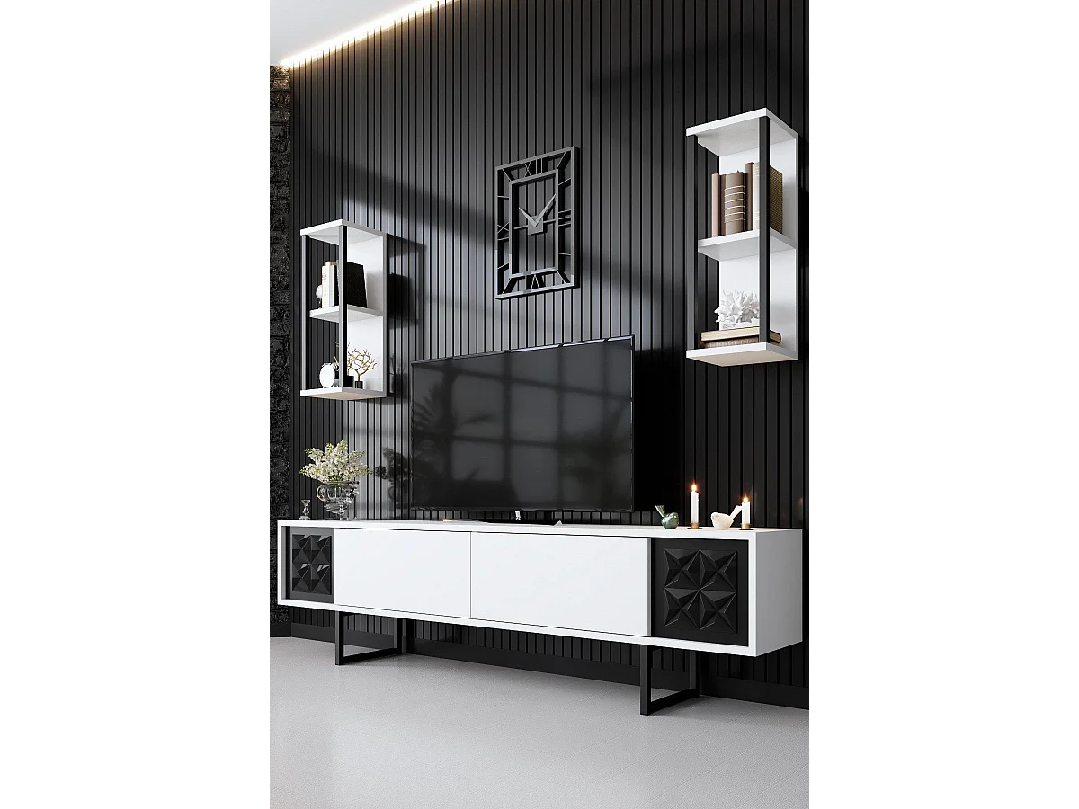 TV-Ständer – 180 x 30 x 48 cm – Weiß und Schwarz – Melamin