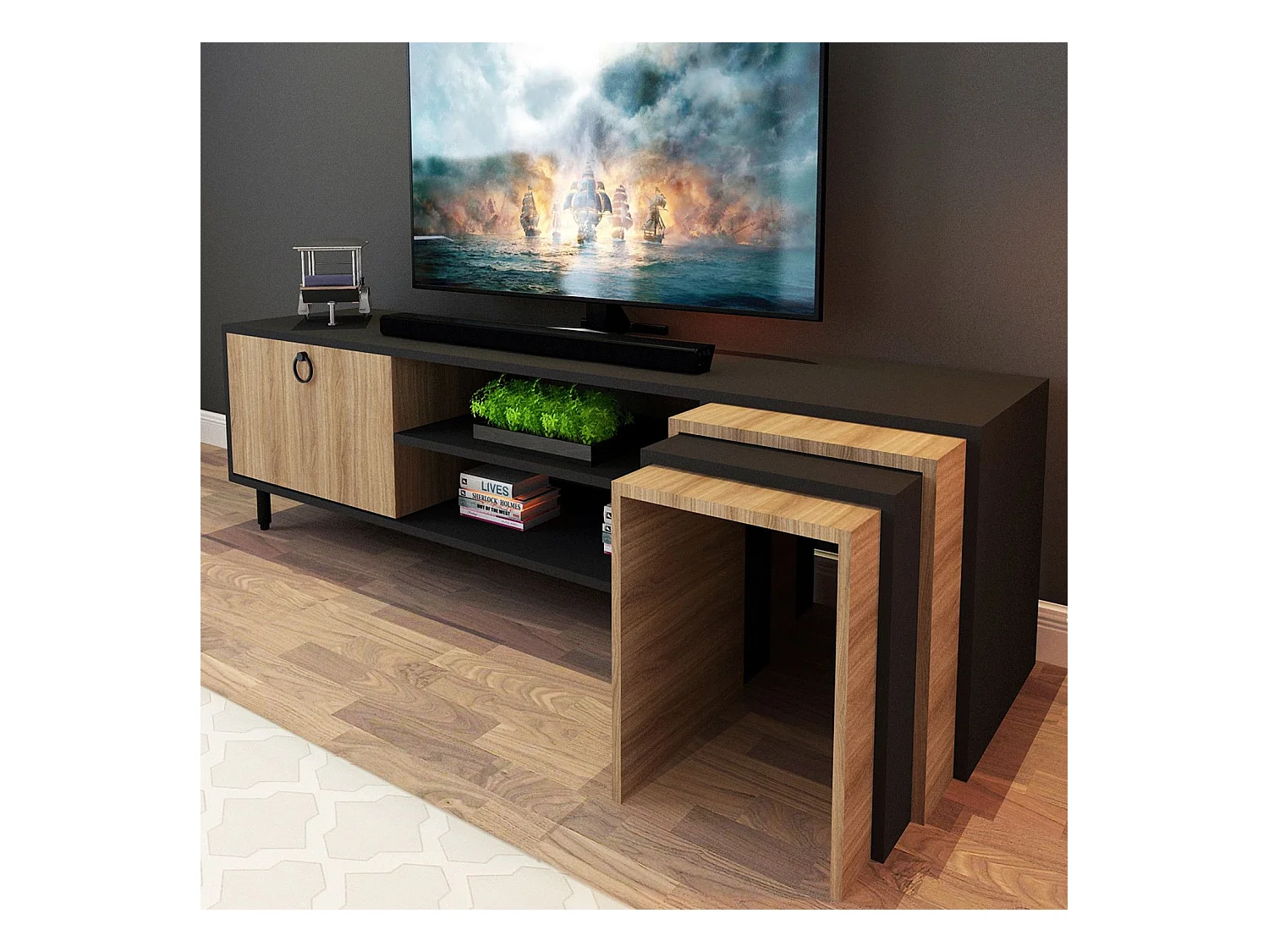 Meuble TV combiné table gigogne Aptare 180cm Panneau Bois Chêne Noir