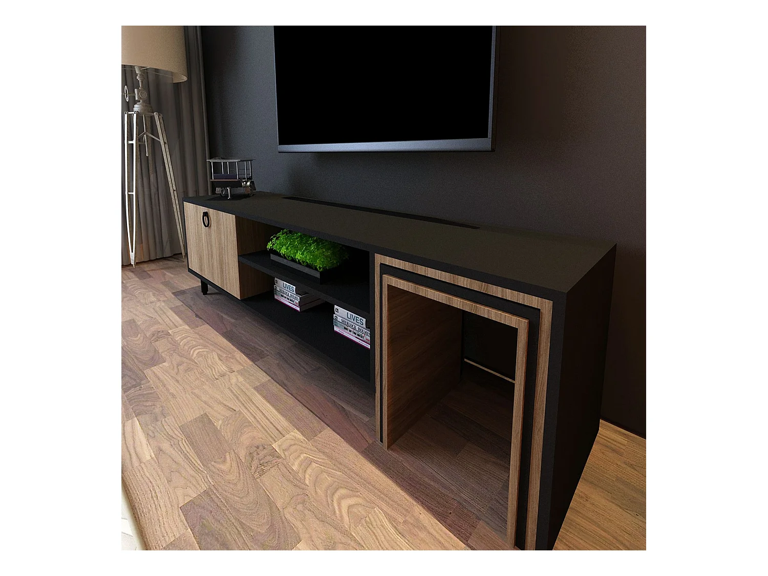 Meuble TV combiné table gigogne Aptare 180cm Panneau Bois Chêne Noir