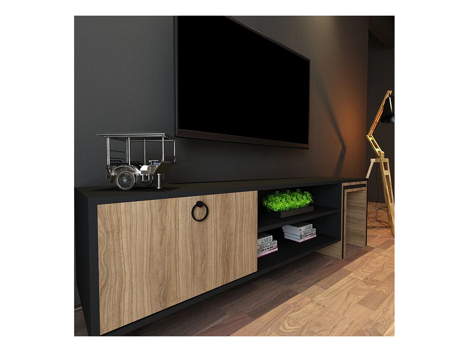 Meuble TV combiné table gigogne Aptare 180cm Panneau Bois Chêne Noir