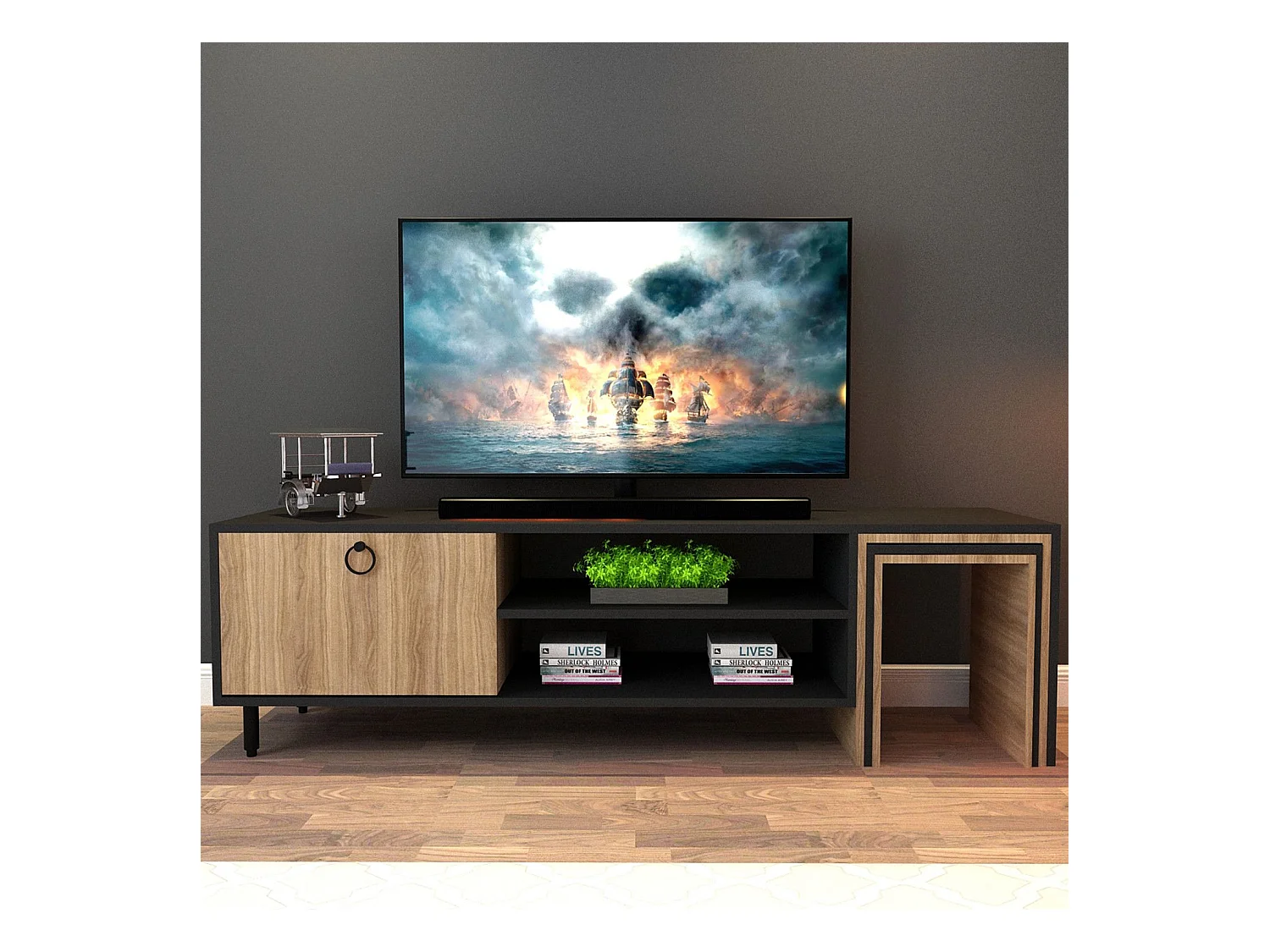 Meuble TV combiné table gigogne Aptare 180cm Panneau Bois Chêne Noir