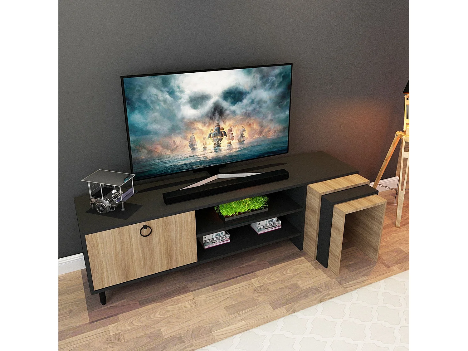 Meuble TV combiné table gigogne Aptare 180cm Panneau Bois Chêne Noir