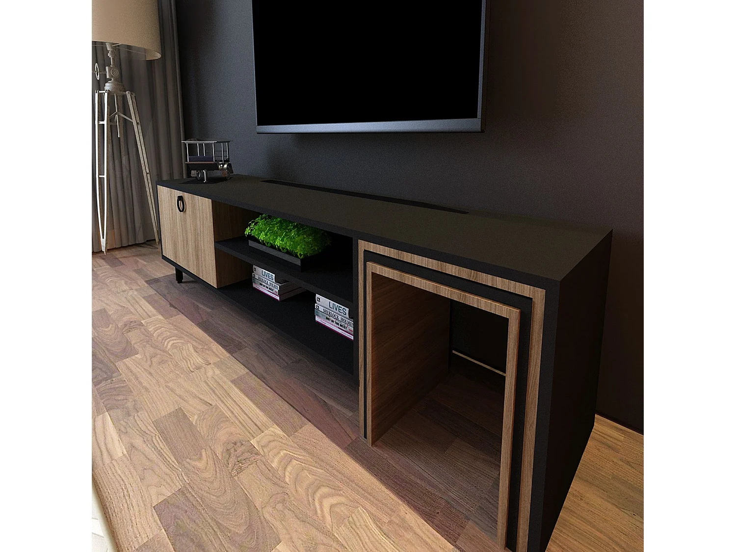 Meuble TV combiné table gigogne Aptare 180cm Panneau Bois Chêne Noir