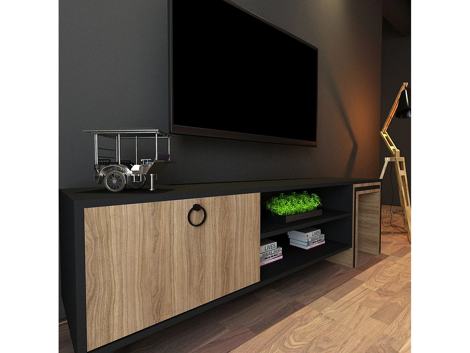 Meuble TV combiné table gigogne Aptare 180cm Panneau Bois Chêne Noir