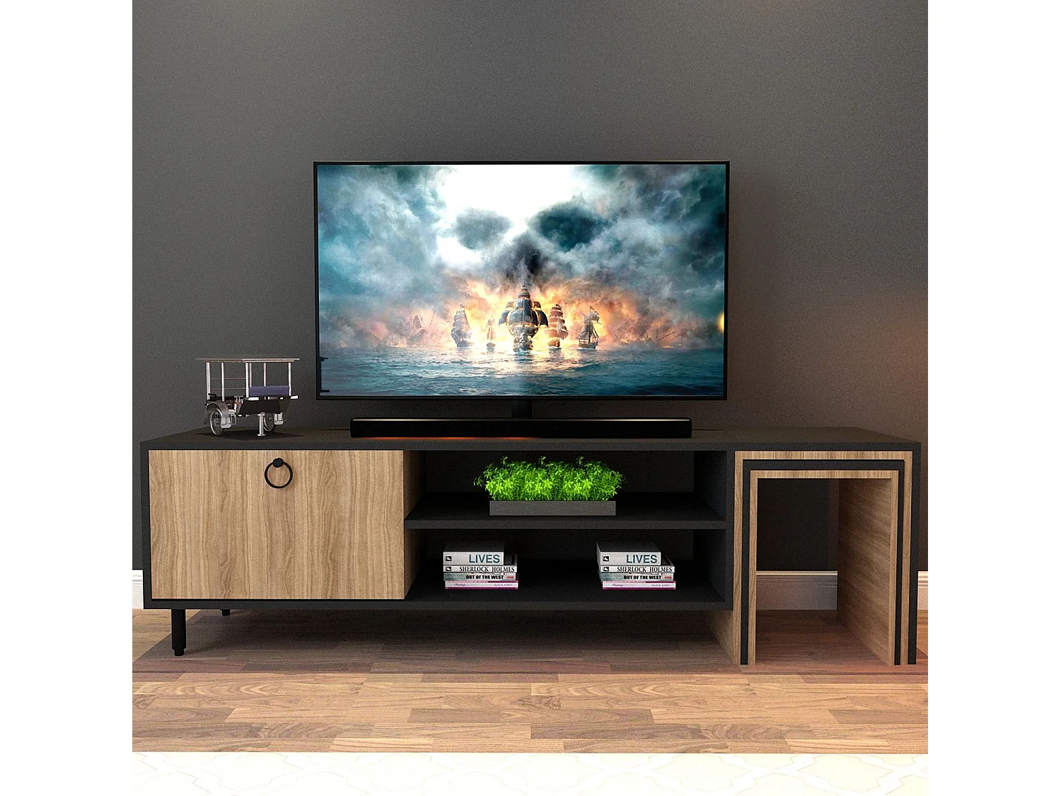Meuble TV combiné table gigogne Aptare 180cm Panneau Bois Chêne Noir